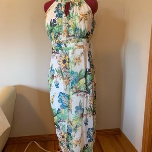 Emma & Michelle sleeveless white & flowers long dress. Size 12. Empress waist